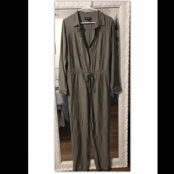 DKNY Womens Button Front Drawstring Jumpsuit Olive - Picture 3 of 5